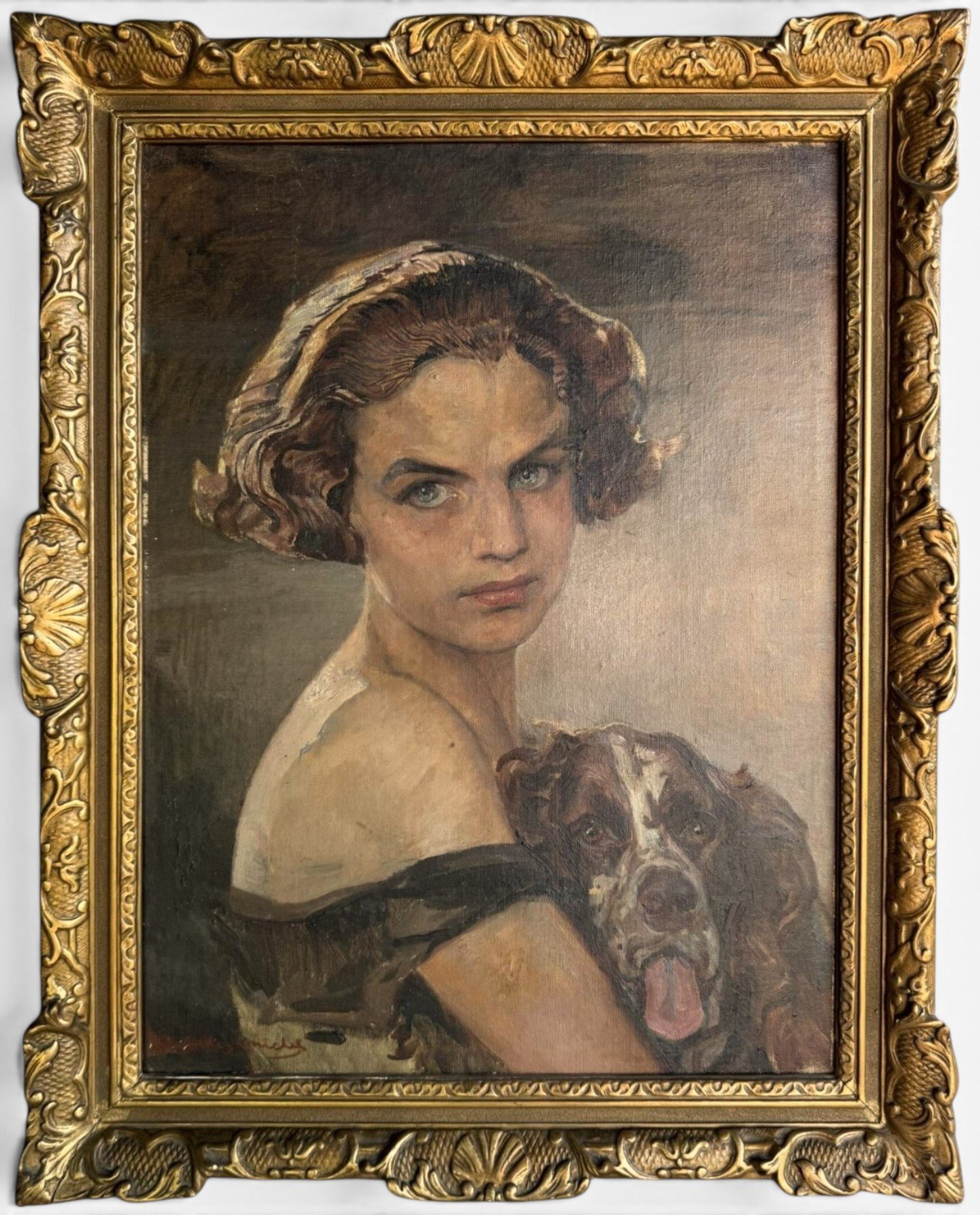 Antique Belgian oil painting by Charles Michel (1874–1967) featuring a young girl with her dog. 